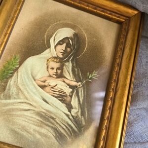 Antique Religious Gold Framed Vintage Mary holding Baby Jesus Fine Art Wall